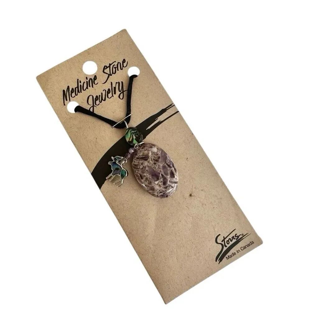 Medicine Stone Jewelry Amethyst Pendant Necklace w/ Abalone Accent & moose  Char